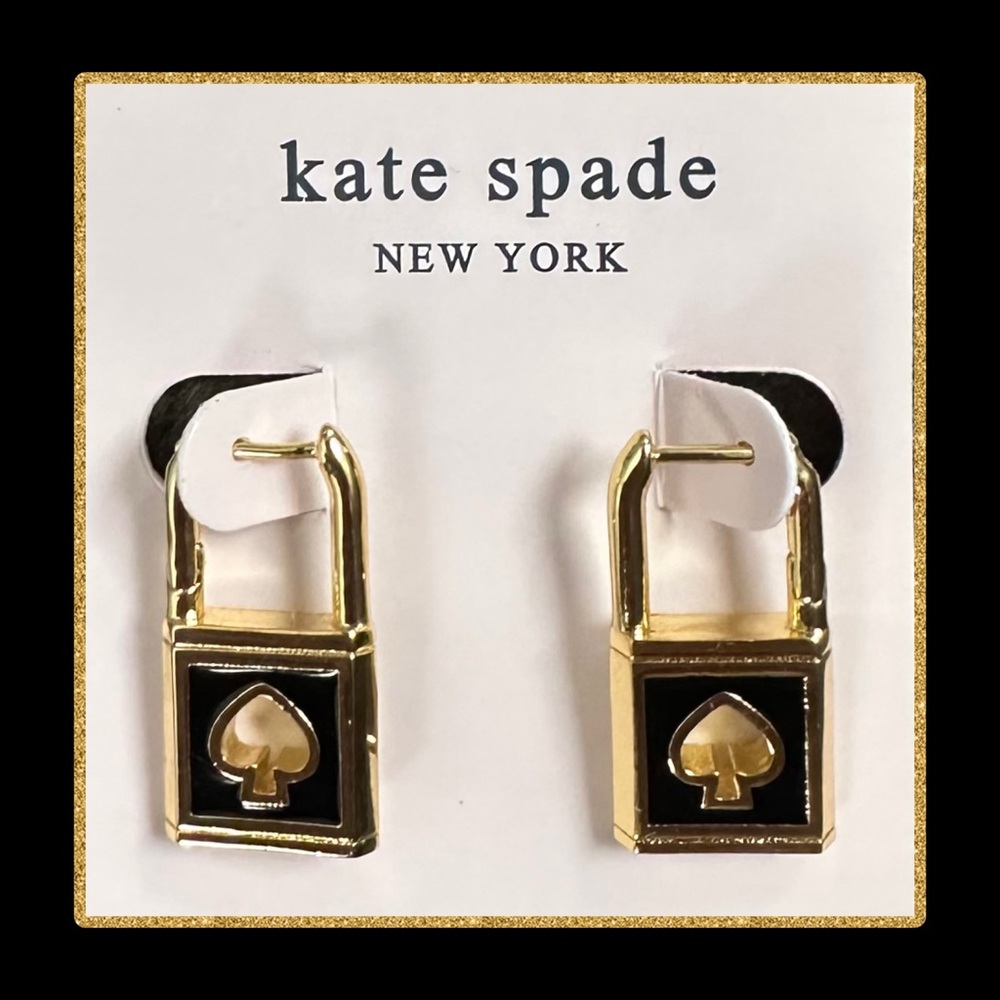 NEW KATE SPADE NEW YORK LOCK & SPADE ENAMEL HUGGIES IN GOLD
